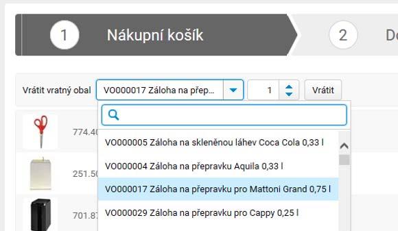 13. Košík jak vrátit vratný obal Pokud chcete vrátit lahve nebo přepravky, vyberte z výklopného menu požadovanou položku a klikněte na tlačítko Vrátit.