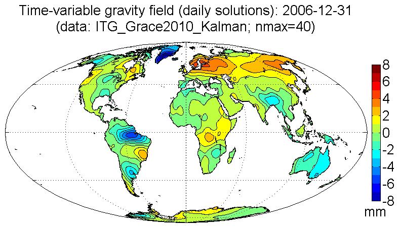 Mise GRACE detekce časových variací gravitačního pole Animace denních změn gravitačního signálu detekované misí GRACE během roku 2006 Vidíme