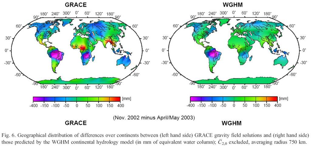 Mise GRACE detekce časových variací gravitačního pole TVG = time-variable gravity, časově proměnné gravitační pole Na obrázcích dole jsou vidět hlavně sezónní variace dané ročním cyklem hydrologie