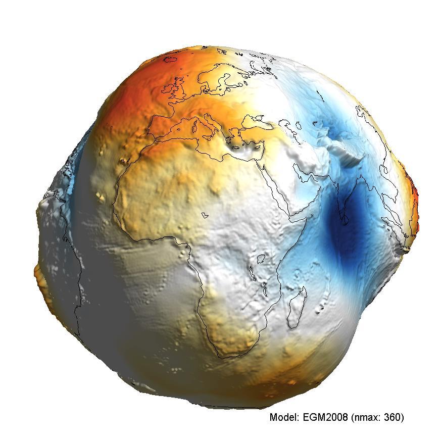 přimykající se ke střední hladině oceánů Barevně znázorněné je převýšení geoidu