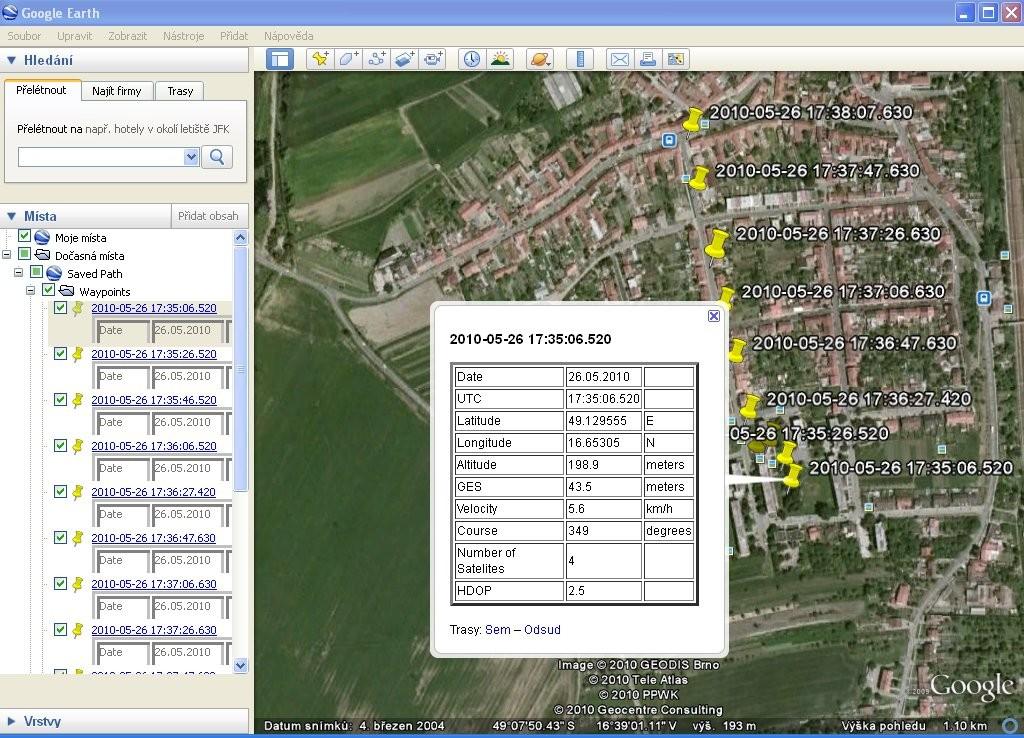 Obr. 13: Uložený záznam trasy otevřený v aplikaci GoogleEarth [9] Po připojení zařízení k PC a převedení záznamu do kml souboru lze v aplikaci Google Earth či Google Maps zobrazit v mapě všechny