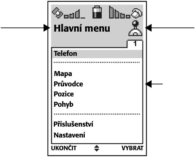 Nabídky Vût ina funkcí pfiístroje Benefon Esc! je k dispozici v nûkteré ze ãtyfi nabídek: Hlavní, Rychlá nabídka, Nabídky GPS a GSM. KaÏdá ze ãtyfi nabídek obsahuje jiné poloïky a vedlej í nabídky.