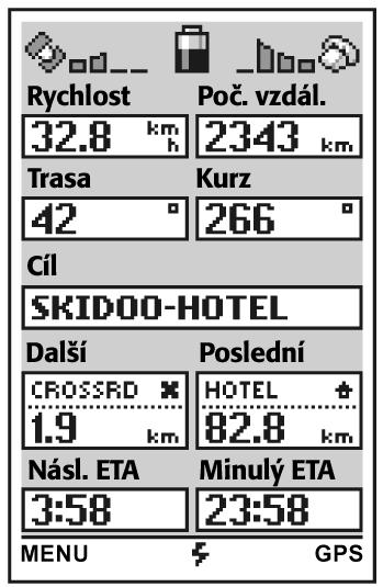 POHYB Stránka Pohyb obsahuje nejrûznûj í informace vztahující se k Va emu pohybu a zadanému cíli. Zobrazení stránky Pohyb mûïete zapnout takto: 1. V pohotovostním reïimu stisknûte tlaãítko.