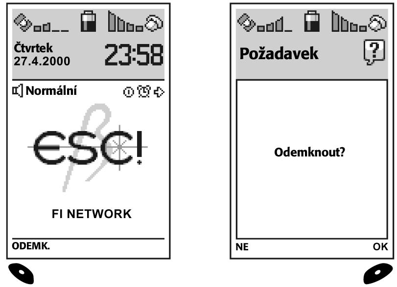 4. Po zamãení klávesnice se rychlá nabídka automaticky vypne a nad lev m funkãním tlaãítkem se zobrazí text ODEMKNOUT. Pfii uzamãené klávesnici je moïno hovory pouze pfiijímat stisknutím tlaãítka l.