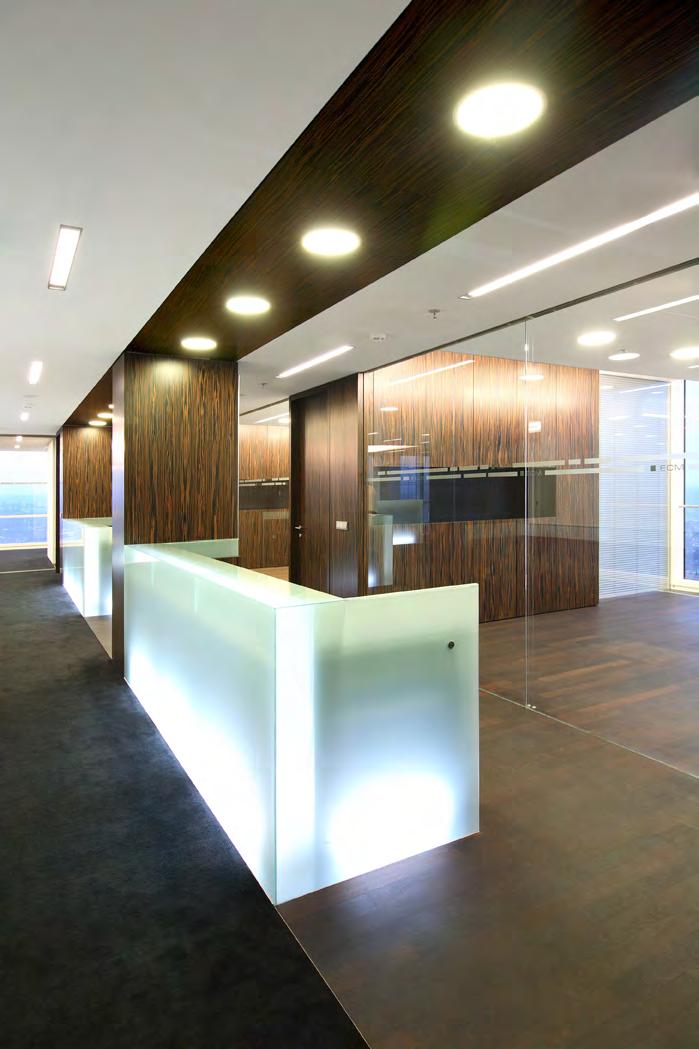 Kanceláře v Praze Offices in Prague Pro společnost Techo, a.s. Praha jsme vybavili kancelářské prostory recepčním pultem, dřevěnými obklady rovných a obloukových stěn, zabudovanými skříňovými sestavami a dveřmi.