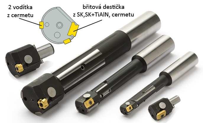 Mají jednu břitovou destičku s dvěma nebo s osmi (od ø32 mm) břity z SK, SK+TiAlN nebo z cermetu a dvě cermetová vodítka (viz. obr. 4.