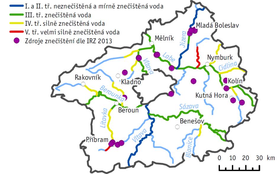 3 Voda 3.1 Jakost vody Ve Středočeském kraji přetrvává značné znečištění povrchových vod. Jakost vody byla klasifikována V.