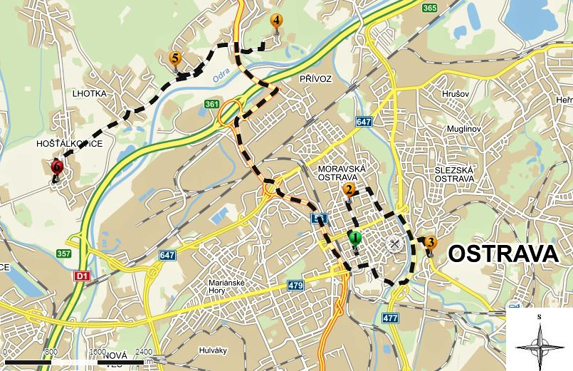 5.2 Rothschildova Ostrava 2. den Bývalý sirotčinec / Mateřská škola Důl Jindřich Důl Trojice Důl Anselm Důl Oskar - Zámeček v Hošťálkovicích Obr. 5.2-11: Trasa 2. den. 1 Bývalý sirotčinec, 2 Důl Jindřich, 3 Důl Trojice, 4 Důl Anselm, 5 Důl Oskar, 6 Zámeček v Hošťálkovicích (Podklad [8], vlastní úprava).