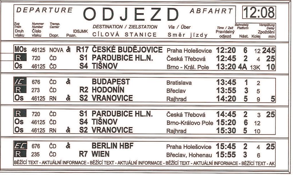 7.2 Odjezdové tabule obr. 7.2.1. ODJEZD DEP A R T U R /EDeparture/... Odjezd H R T Train Number Carrier pravidelný aktuální Zug Time Druh Nummer Actual Číslo vlak Transp.