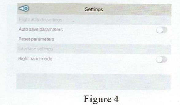 Play- spuštění aplikace pro živý přenos obrazu a ovládání pomocí chytrého telefonu Settings- nastavení Flight attitude settings- nastavení letových vlastností Auto save