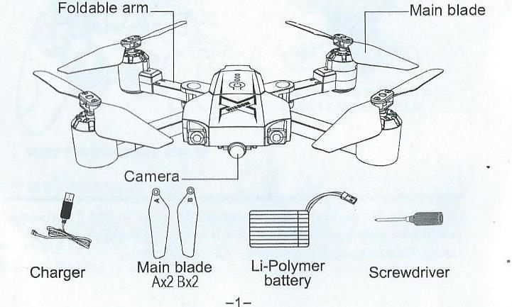 Obsah balení Foldable arm skládací rameno Main blade- list vrtule rotoru Camera- kamera Li-Polymer battery-