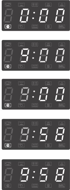 Ovládání 1. Nastavení hodin Po připojení trouby k elektrické síti se na displeji objeví 0:00 a ozve se pípnutí. 1) Stiskněte Clock/PreSet, číslice pro výběr hodin začnou blikat a rozsvítí se symbol.