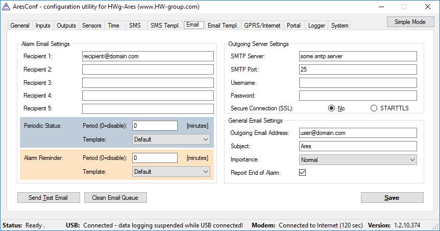 * Password heslo pro autorizaci v SMTP serveru.* Secure Connection (SSL): No/STARTTLS volí způsob šifrování autorizace.