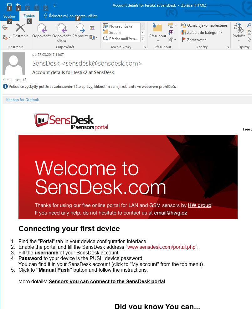 Manual Push. Tím aktivujete funkci portálu. Namísto Portal disabled se v kolonce Portal Message objeví odkaz SensDesk.