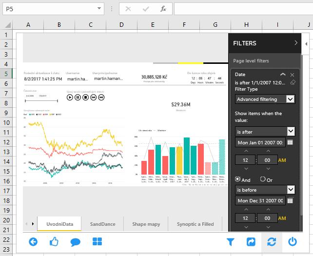 Napojení dlaždic / reportů do MS Office Takto vypadá napojení celého