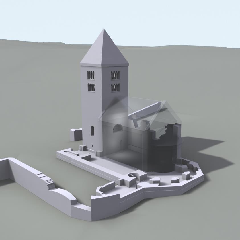 Vlevo je zobrazena první stavební etapa, vpravo stav po dokončení věţe. V modelu je pro porovnání zobrazen půdorys současného stavu kostela (model M.