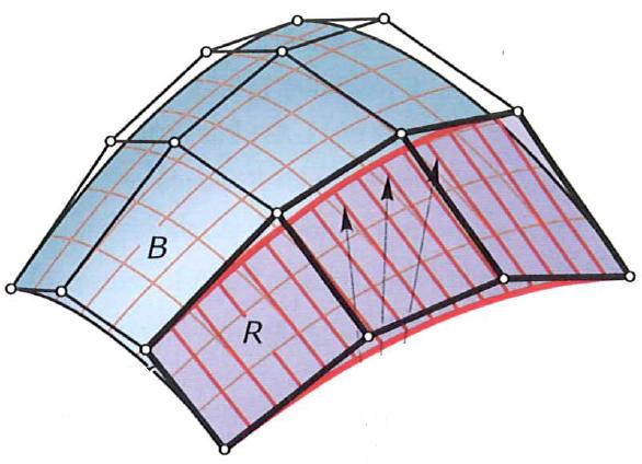 Plochy volného tvaru opakování Hladké napojení Bézierových ploch vezmeme-li dvě poslední řady řídících bodů u libovolného okraje řídící sítě Bézierovy plochy, získáme řídící sít přímkové plochy,