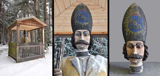 Březovice Valdštejnsko (okres Mladá Boleslav), první dvě fotografie (zleva) zachycují jednoho z dvojice pískovcových granátníků s dřevěnými doplňky (ruce, hlavy) in situ, kteří stráží průsek jedné z