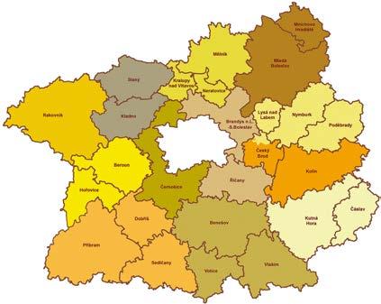 Mapa Středočeského kraje s vyznačením okresů a obcí s rozšířenou působností. Středočeský kraj je největším krajem České republiky s celkovou rozlohou 10 930 km 2.