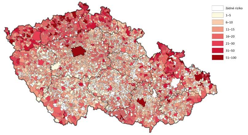 Graf 1: Struktura souhrnného indikátoru tržního selhání v oblasti bydlení v případě nejvyššího možného rizika Zdroje dat: Vlastní konstrukce souhrnného indikátoru tržního selhání v oblasti bydlení.
