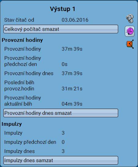 C.M.I. Menu / Výstupy Počitadlo pro výstupy Výběrem symbolu můžeme načíst pro každý výstup provozní hodiny a impulzy (sepnutí). Příklad: U výstupu 1 můžeme přečíst stav na počitadle od 3.6.2016.