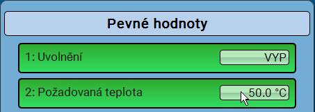 Změna analogové pevné hodnoty Volbou spínacího pole na světlém pozadí můžete změnit pevnou hodnotu. Příklad: C.M.I. Menu / Pevné hodnoty Zobrazí se aktuální hodnota (příklad: 50,0 C).