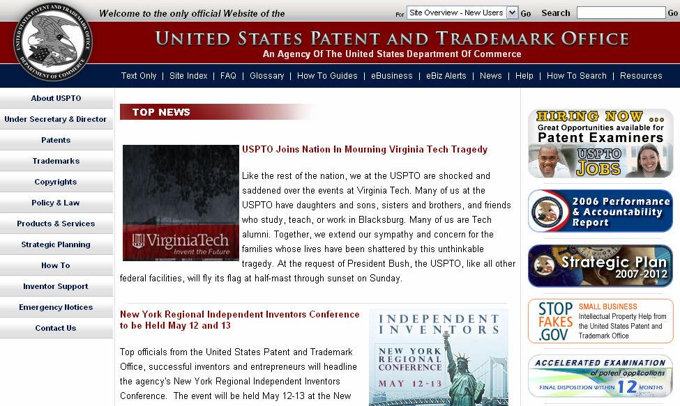 Obr. 7: Domovská stránka Patentového a známkového úřadu USA (http://www.uspto.gov/).