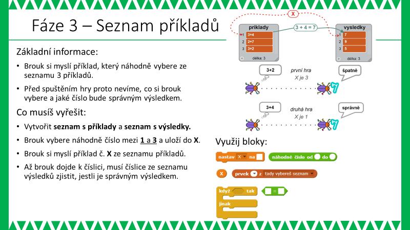3. FÁZE METODICKÉ POZNÁMKY: Třetí fáze hry je nejobtížnější, protože přichází s náhodným výběrem úlohy ze seznamu příkladů. K seznamu příkladů je pak navázán další seznam seznam výsledků.