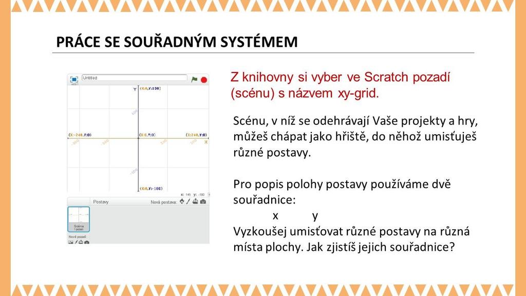 METODICKÉ POZNÁMKY: V knihovně pozadí (scén) je několik obrázků / schémat souřadného systému. Pro práci žáků se hodí scéna xy-grid.