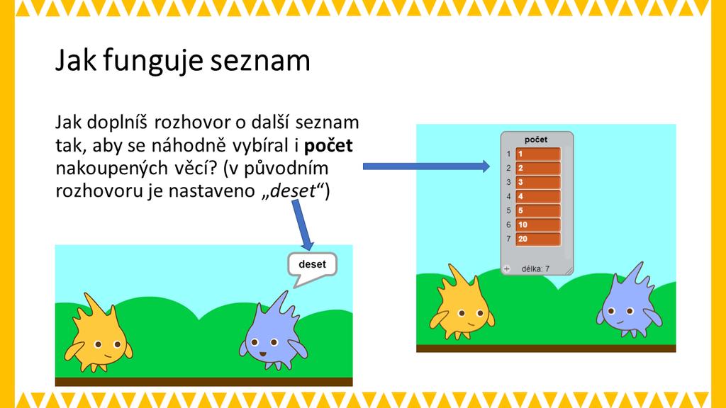 ZÁVĚR: Nechte žáky několikrát vyzkoušet, že se v rozhovoru jedná opravdu o náhodný výběr a nechte je zažít také situaci, že modrá postava na počet kusů odpoví nějakou hloupost.