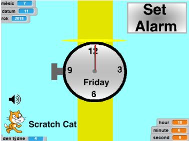 Žáci mohou doplnit hodiny alarmem nebo dalšími měřícími prvky. Ukázek takových alarmů je na webu Scratch řada. TABULKA UKÁZKY HODIN S ALARMEM Real Working Watch with Alarm!