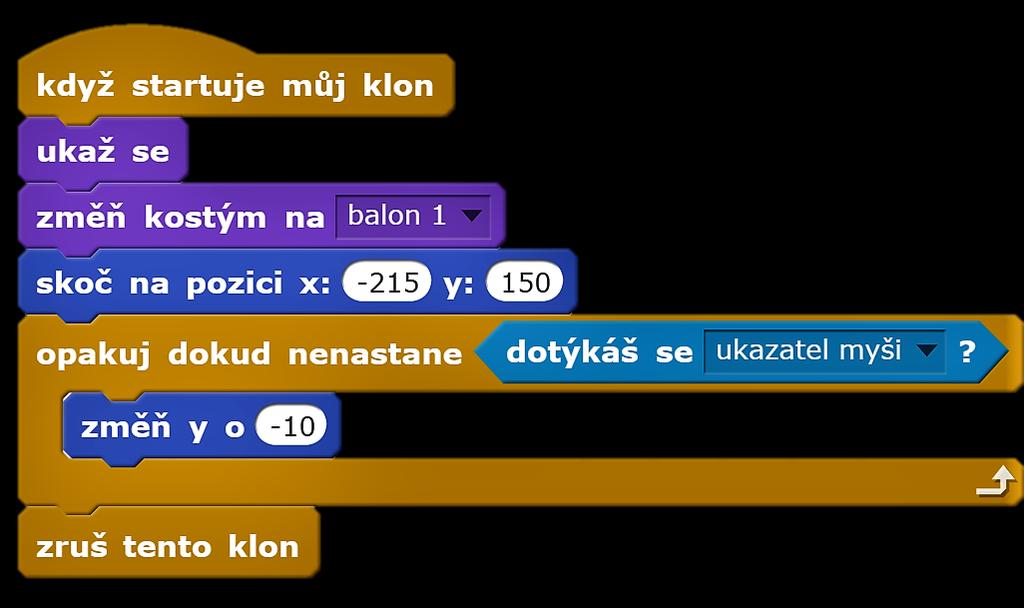 každý další klon funguje podle těchto bloků první pozice při padání objektu jak padá objekt, dokud ho nezastaví kliknutí myši zmizí objekt po dotknutí se myší OTÁZKY A PODNĚTY PRO PRÁCI ŽÁKŮ: - Jaký