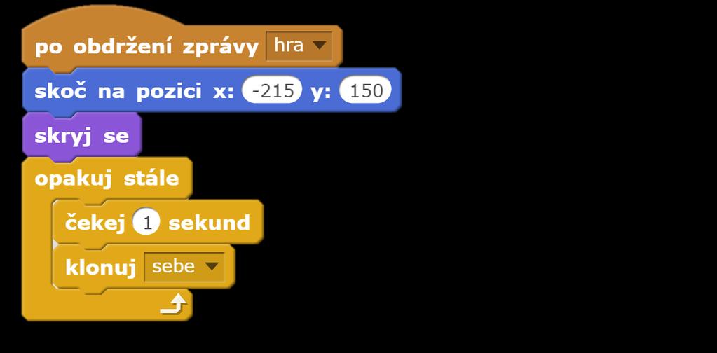 ŘEŠENÍ ÚLOHY: spuštění hry bude probíhat po obdržení zprávy o začátku hře: hra u jednotlivých objektů se kromě kostýmu bude měnit i počáteční pozice, odkud objekt padá (tj.