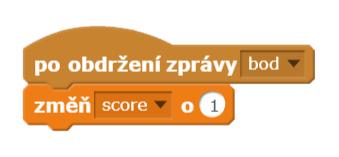 přičítání bodů závisí na rozesílání zprávy bod, kdy se k předchozí hodnotě přičte hodnota 1 když se objektu dotkne hráč myší, objekt zmizí a hned poté se přičte ke score bod OTÁZKY A PODNĚTY PRO