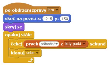 Seznam v ukázce nazvaný kdy padá bude zajišťovat náhodné padání objektů a je složený z čísel, např. 1-7, {1,5; 2,3; 3,2; 4,1; 5,6; 6,7}.