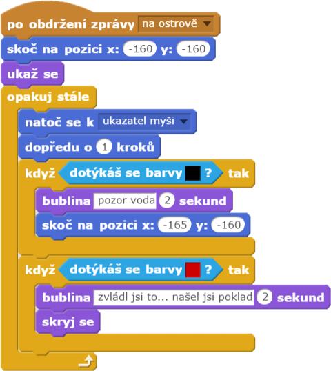 ŘEŠENÍ ÚLOHY: postava se má objevit vždy na konkrétním místě a ukázat se až ve chvíli zaslání zprávy na ostrově díky nekonečnému cyklu se bude neustále natáčet objekt za kurzorem myši a pohybovat se