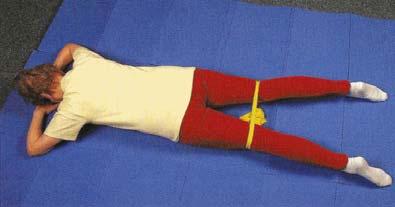 7. cvičení aktivace a posilování hýžďového svalstva svázat končetiny nad koleny gumou a leh na břiše při výdechu roznožit přes odpor Thera-Bandu se