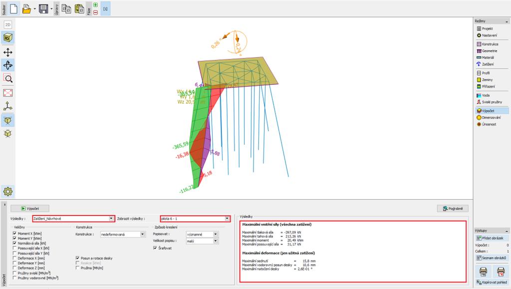 pro mikropilotu 16 zobrazeny ohybové momenty ve směru X a Y, a normálová síla. Deformace jsou vykresleny pro návrhové zatížení.