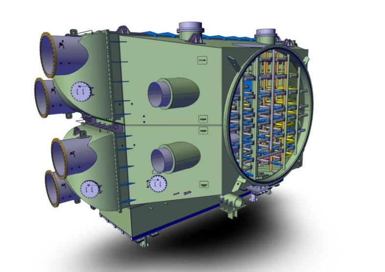 Kondenzátor Umístění a uložení (3) Axiální umístění kondenzátoru: Výhody: - Nižší výstupní ztráta z turbíny - Nižší stavba strojovny Nevýhody: - Omezení na maximální realizovatelný průměr výstupu z