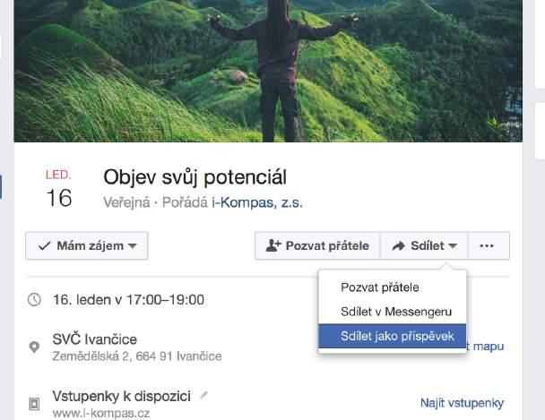 sdílet konkrétnímu příteli na jeho profil, sdílet ve skupině, které jste členem, sdílet i v jiné události