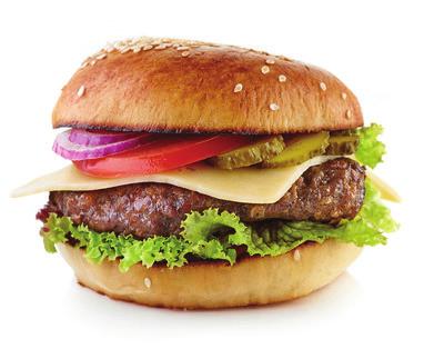 Cheese burger (220g) 190,- hovězí mleté maso, zdobené listovým salátkem, smaženou cibulkou, slaninou, nakládanou okurkou, dvojitým sýrem a jemně pikantní omáčkou 38.