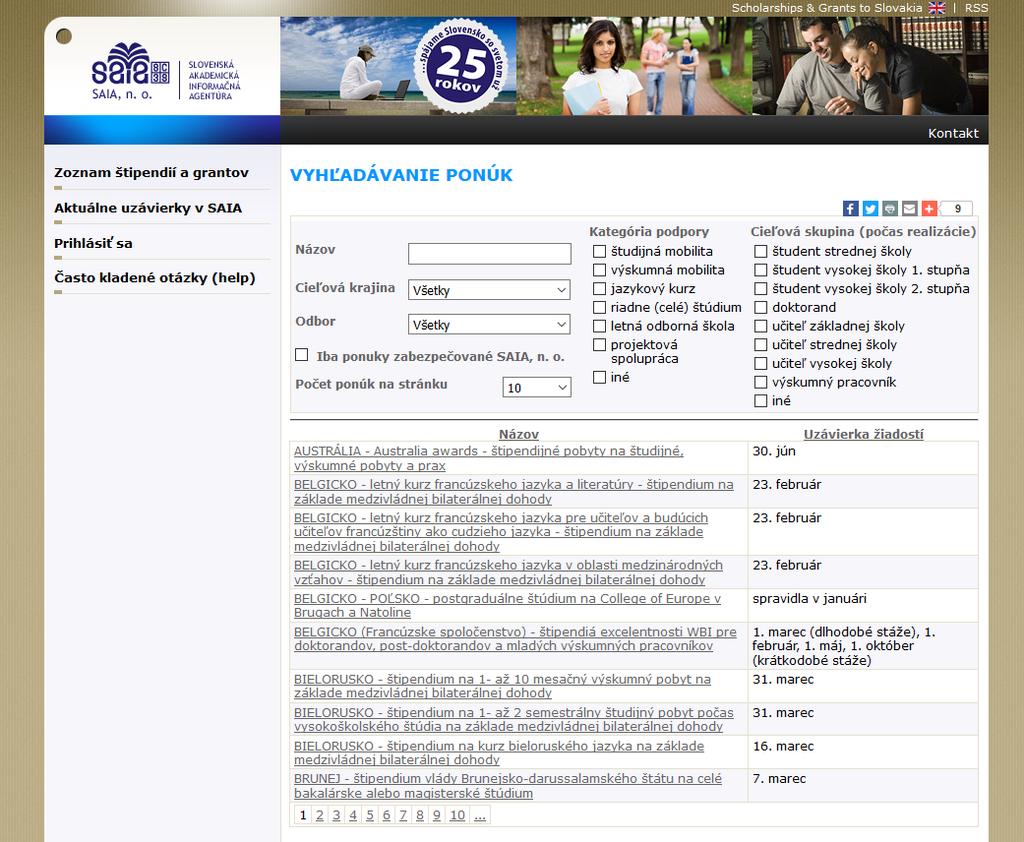 Databáza štipendií a grantov Vyslania: www.