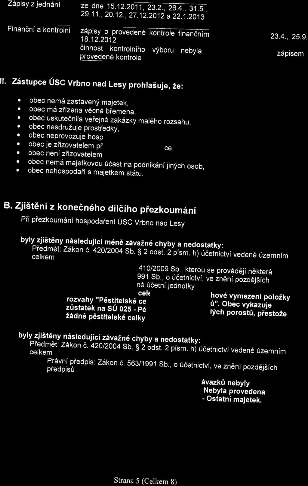 ZApisy z jedndni Finandni a kontrolni ::91"1s.12,20@, 29.11., 20.12., 27.12.2012 a 22j.2014', 1?Pitvoproffi 18.12.2012 cinnost kontrolnlho vyiboru nebyla proveden6 kontrole 23.4., 25.9. zdpisem lf.