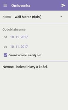 Elektronická omluvenka rodič či zletilý žák může vytvořit a zaslat třídnímu učiteli elektronickou omluvenku na vybrané dny či jen na konkrétní hodiny, kdy došlo nebo dojde k absenci.