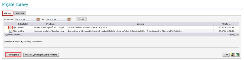10.1.2 Přijaté zprávy Pomocí menu Komunikace - Zprávy - Přijaté zprávy zobrazíme seznam všech přijatých zpráv. Dle typu zprávy jsou rozděleny do záložek Přijaté/Odeslané.