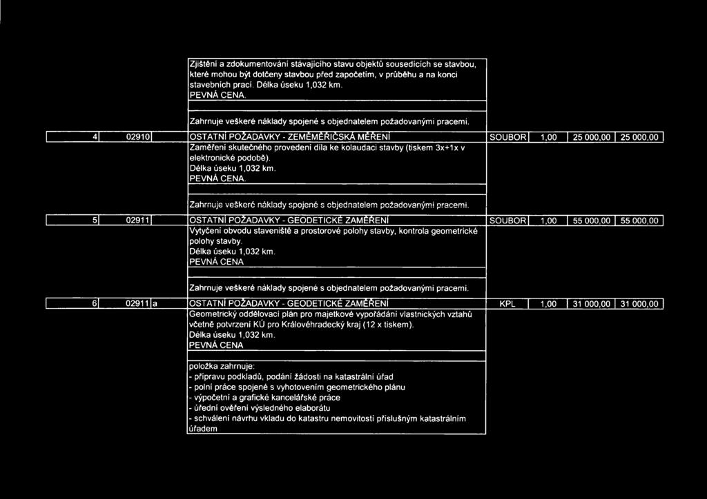 4] 02910 OSTATNÍ POŽADAVKY - ZEMĚMĚŘIČSKÁ MĚŘENÍ SOUBOR 1,00 25 000,00 25 000,00 Zaměření skutečného provedení díla ke kolaudaci stavby (tiskem 3x+1x v elektronické podobě). Délka úseku 1,032 km.