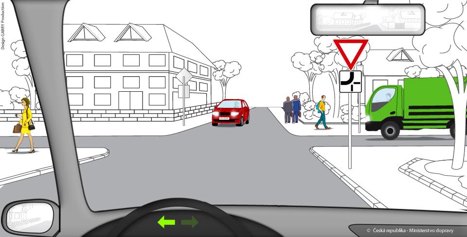 Test: 30. listopadu 2018 20:47 (číslo 4) 6 z 8 19. [4 b.] Jste řidičem vozidla z výhledu. Na vyobrazené křižovatce: Musíte dát přednost v jízdě oběma přijíždějícím vozidlům.