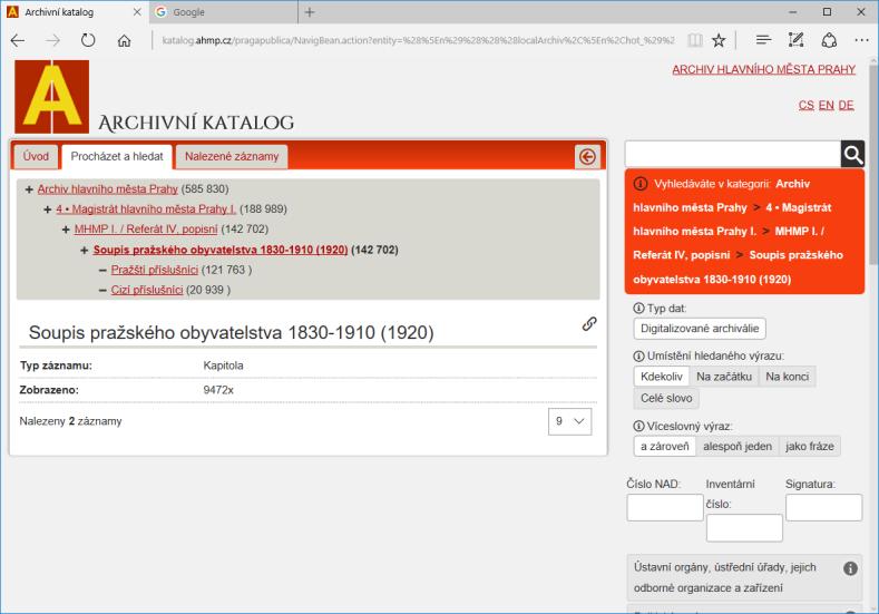 Kliknutím vybereme např. Soupis pražského obyvatelstva 2.