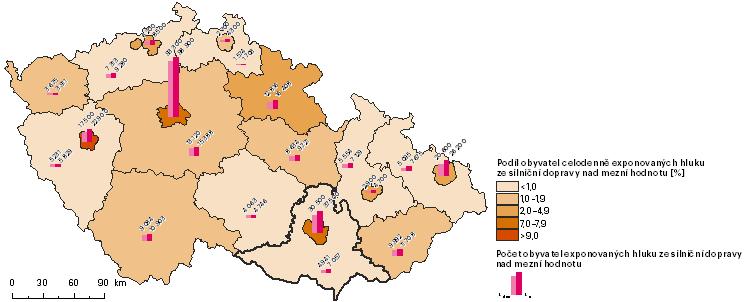 8.2 Hluková zátěž obyvatelstva V Jihomoravském kraji má značnou hlukovou zátěž ze silniční dopravy aglomerace Brno 8, kde bylo v roce 2012 9 celodenní (24hodinové) hlukové zátěži nad 50 db vystaveno