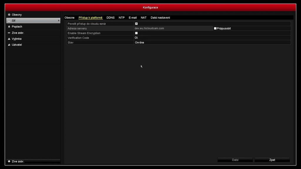 Dále v menu Přístup k platformě zaškrtněte pole Povolit přístup do cloudu ezviz a zapište si, nebo změňte Váš Verification Code (Enable Stream Encryption doporučujeme povolit až po úspěšném přidání
